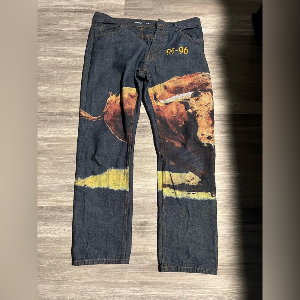 ROKIT Jeans Mens 34 Dynasty Denim Pants Button Fly Graphic Print